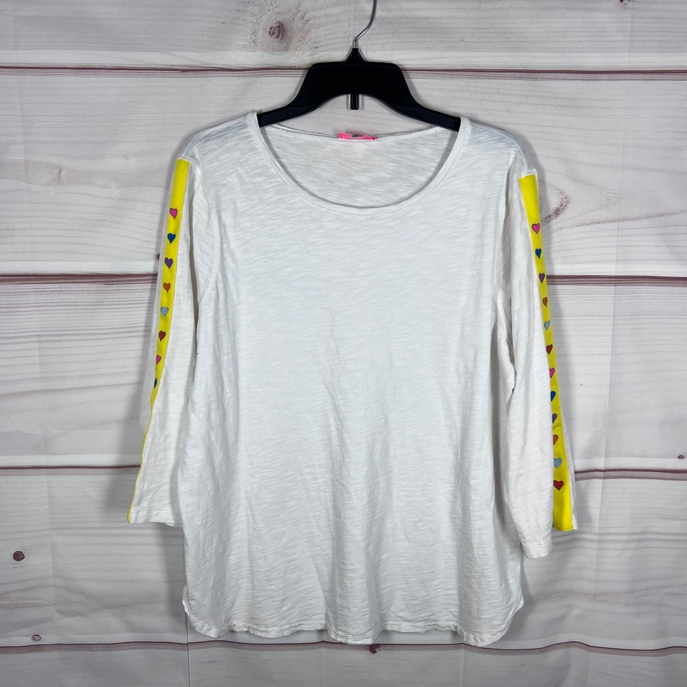 Top Ligne T-Shirt Womens XL White Heart Stripe Slub Cotton Top 3/4 Sleeve Preppy